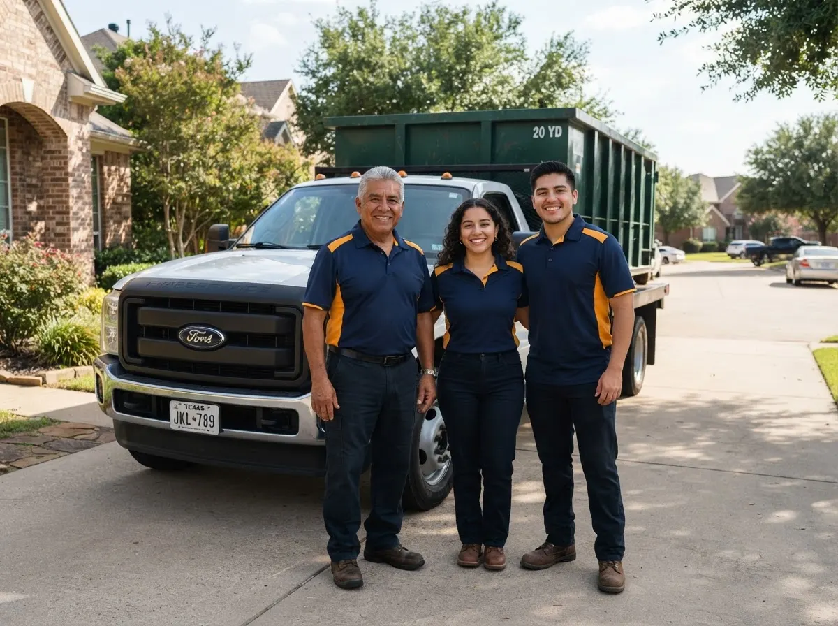 The BluePeak Hauling team, dumpster in Plano, TX